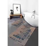 Rem Home Remhome Bej - Mavi Zeminde Otantik Motifli Kilim Eskitme Motifli Vintage 2'li Banyo & Mutfak Paspas Takımı Takım Banyo Paspası - Mavi - Lacivert - 2'li Set
