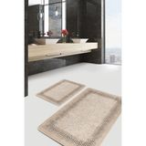 Rem Home Remhome Bej Zeminde Çerçeveli Motifli Eskitme Desenli Geometrik Klasik 2'li Banyo & Mutfak Paspas Takımı Takım Banyo Paspası - Kahverengi - 2'li Set