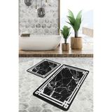 Rem Home Remhome Beyaz - Siyah Zeminde Çerçeveli Motifli Mermer Desenli Geometrik Sade & Şık 2'li Banyo Paspas Takımı Takım Banyo Paspası - 2'li Set