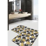 Rem Home Remhome Beyaz Zemin Siyah Gold Detaylı Tropik Yapraklar 2'li Kaymaz Tabanlı Banyo & Mutfak Paspas Takımı Takım Banyo Paspası - Renkli - 2'li Set