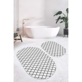 Rem Home Remhome Beyaz Zemin Siyah Ogea Tasarımlı 2'li Oval Kaymaz Tabanlı Banyo & Mutfak Paspas Takımı Takım Banyo Paspası - Renkli - 2'li Set