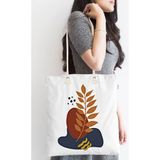 Rem Home Remhome Beyaz Zemin Tekli Tropik Yaprak Çizimli Fermuarlı Kumaş Plaj Çantası Omuz Çantası - 45 x 50 x 7 cm - Renkli
