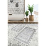 Rem Home Remhome Beyaz Zeminde Çerçeve Motifli Geometrik Desenli Vintage Klasik 2'li Banyo & Mutfak Paspas Takımı Takım Banyo Paspası - Beyaz - Krem - Bej - 2'li Set