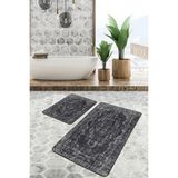 Rem Home Remhome Beyaz Zeminde Damask Motifli Siyah Eskitme Motifli Etnik Motifler 2'li Banyo & Mutfak Paspas Takımı Takım Banyo Paspası - 2'li Set