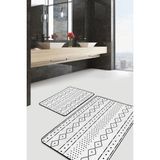 Rem Home Remhome Beyaz Zeminde Iskandinav Motifli Geleneksel Sade & Şık Geometrik 2'li Banyo & Mutfak Paspas Takımı Takım Banyo Paspası - Beyaz - Krem - Bej - 2'li Set