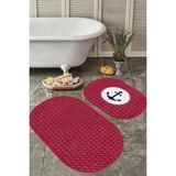 Rem Home Remhome Bordo Zemin Lacivert Dalga Detaylı Özel Tasarım 2'li Oval Kaymaz Tabanlı Banyo & Mutfak Paspas Seti Takım Banyo Paspası - Renkli - 2'li Set