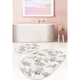 Rem Home Remhome Çiçek Demetleri Dijital Baskılı Özel Tasarım 2'li Oval Kaymaz Tabanlı Banyo & Mutfak Paspas Takımı Takım Banyo Paspası - Renkli - 2'li Set
