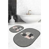 Rem Home Remhome Çizgili Zemin Kaktüs Özel Tasarım Dijital Baskılı 2'li Oval Kaymaz Taban Banyo & Mutfak Paspas Seti Takım Banyo Paspası - Renkli - 2'li Set