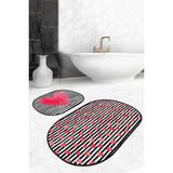 Rem Home Remhome Çizgili Zemin Kırmızı Kalp Tasarım Dijital Baskılı 2'li Oval Kaymaz Taban Banyo & Mutfak Paspas Seti Takım Banyo Paspası - Renkli - 2'li Set