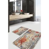 Rem Home Remhome Çok Renkli Zeminde Kanvas Motifli Yağlıboya Eskitme Motifli Klasik 2'li Banyo & Mutfak Paspas Takımı Takım Banyo Paspası - Kırmızı - Bordo - 2'li Set