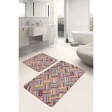 Rem Home Remhome Çok Renkli Zeminde Patchwork Motifli Geleneksel Geometrik Klasik 2'li Banyo & Mutfak Paspas Takımı Takım Banyo Paspası - Kırmızı - Bordo - 2'li Set