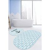 Rem Home Remhome Denizci Temalı Çapa Tasarımlı 2'li Oval Kaymaz Tabanlı Banyo & Mutfak Paspas Takımı Takım Banyo Paspası - Renkli - 2'li Set