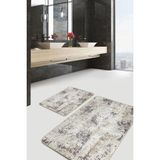 Rem Home Remhome Ekru- Gri Zeminde Kanvas Motifli Eskitme Eskitme Motifli Vintage 2'li Banyo & Mutfak Paspas Takımı Takım Banyo Paspası - Beyaz - Krem - Bej - 2'li Set