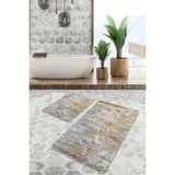 Rem Home Remhome Ekru - Sarı Zeminde Duvar Motifli Eskitme Eskitme Motifli Vintage 2'li Banyo & Mutfak Paspas Takımı Takım Banyo Paspası - Altın - Hardal - Sarı - 2'li Set