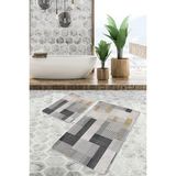Rem Home Remhome Ekru - Siyah Zeminde El Dokuma Motifli Kilim Sade & Şık Geometrik 2'li Banyo & Mutfak Paspas Takımı Takım Banyo Paspası - 2'li Set