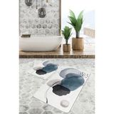 Rem Home Remhome Ekru Zeminde Modern Sanat Motifli Siyah Mavi Yağlıboya Desenli Bohem Klasik 2'li Banyo Paspas Takımı Takım Banyo Paspası - Mavi - Lacivert - 2'li Set