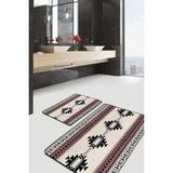 Rem Home Remhome Ekru Zeminde Vintage Motifli Geleneksel Geometrik Etnik Motifler 2'li Banyo & Mutfak Paspas Takımı Takım Banyo Paspası - Siyah - 2'li Set