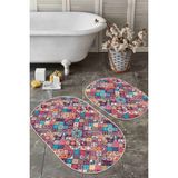 Rem Home Remhome Etnik Kareli Tasarımlı Dijital Baskılı 2'li Oval Kaymaz Tabanlı Banyo & Mutfak Paspas Takımı Takım Banyo Paspası - Renkli - 2'li Set