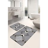 Rem Home Remhome Füme - Gri Zeminde Geometrik Motifli Kanvas Geometrik Sade & Şık 2'li Banyo & Mutfak Paspas Takımı Takım Banyo Paspası - 2'li Set
