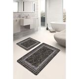 Rem Home Remhome Füme - Kahverengi Zeminde Çerçeveli Motifli Antik Avangarde Klasik 2'li Banyo & Mutfak Paspas Takımı Takım Banyo Paspası - Siyah - 2'li Set