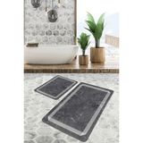 Rem Home Remhome Füme Zeminde Çerçeveli Motifli Mermer Desenli Geometrik Klasik 2'li Banyo & Mutfak Paspas Takımı Takım Banyo Paspası - 2'li Set