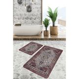 Rem Home Remhome Geleneksel Zeminde Otantik Motifli Yöresel Vintage Eskitme Motifli 2'li Banyo & Mutfak Paspas Takımı Takım Banyo Paspası - Kırmızı - Bordo - 2'li Set