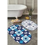 Rem Home Remhome Geometrik Lacivert Çizimli 2'li Oval Kaymaz Tabanlı Banyo Halı Takılı & Klozet Paspas Seti Takım Banyo Paspası - Renkli - 2'li Set