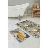 Rem Home Remhome Geometrik Şekilli Yaprak Çizimli 2'li Kaymaz Tabanlı Banyo & Mutfak Paspas Takımı Takım Banyo Paspası - Renkli - 2'li Set