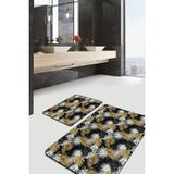 Rem Home Remhome Gold Detalı Siyah Beyaz Tropik Yapraklar 2'li Kaymaz Tabanlı Banyo & Mutfak Paspas Takımı Takım Banyo Paspası - Renkli - 2'li Set