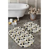 Rem Home Remhome Gold Detaylı Sonbahar Yaprakları Özel Tasarımlı 2'li Oval Kaymaz Tabanlı Banyo & Mutfak Paspas Seti Takım Banyo Paspası - Renkli - 2'li Set