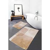 Rem Home Remhome Gold - Krem Zeminde Tablo Motifli Abstract Desenli Bohem Klasik 2'li Banyo & Mutfak Paspas Takımı Takım Banyo Paspası - Kahverengi - 2'li Set