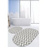 Rem Home Remhome Gri Beyaz Zigzag Tasarımlı 2'li Oval Kaymaz Tabanlı Banyo & Mutfak Paspas Takımı Takım Banyo Paspası - Renkli - 2'li Set