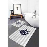 Rem Home Remhome Gri Çizgili Pusula & Dümen Tasarımlı 2'li Kaymaz Tabanlı Banyo & Mutfak Paspas Takımı Takım Banyo Paspası - Renkli - 2'li Set
