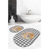 Rem Home Remhome Gri Ekose Motifli Kabak Tasarımlı 2'li Oval Banyo Halısı Seti & Klozet Paspas Takımı Takım Banyo Paspası - Renkli - 2'li Set