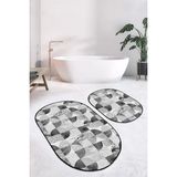 Rem Home Remhome Gri Geometrik Mermer Motifli 2'li Oval Kaymaz Tabanlı Banyo Halı Takımı & Mutfak Paspas Seti Takım Banyo Paspası - Renkli - 2'li Set