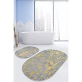 Rem Home Remhome Gri Gold Detaylı Mermer Motifli 2'li Oval Kaymaz Tabanlı Banyo & Mutfak Paspas Takımı Takım Banyo Paspası - Renkli - 2'li Set