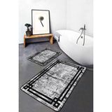 Rem Home Remhome Gri - Krem Zeminde Çerçeveli Motifli Antika Klasik Eskitme Motifli 2'li Banyo & Mutfak Paspas Takımı Takım Banyo Paspası - Siyah - 2'li Set