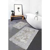 Rem Home Remhome Gri - Krem Zeminde Gri Çerçeve Motifli Eskitme Geometrik Eskitme Motifli 2'li Banyo Paspas Takımı Takım Banyo Paspası - Beyaz - Krem - Bej - 2'li Set