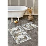 Rem Home Remhome Gri - Krem Zeminde Kanvas Motifli Yağlıboya Desenli Eskitme Motifli Vintage 2'li Banyo Paspas Takımı Takım Banyo Paspası - Kahverengi - 2'li Set
