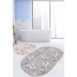 Rem Home Remhome Gri & Pembe Zemin Gül Özel Tasarımlı 2'li Oval Kaymaz Tabanlı Banyo & Mutfak Paspas Takımı Takım Banyo Paspası - Renkli - 2'li Set