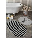 Rem Home Remhome Gri Siyah Çizgili Geyik Motifli 2'li Oval Kaymaz Tabanlı Banyo & Mutfak Paspas Takımı Takım Banyo Paspası - Renkli - 2'li Set