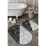 Rem Home Remhome Gri Siyah Mermer Desenli 2'li Oval Kaymaz Tabanlı Mutfak Paspas Seti & Mutfak Halı Takımı Takım Banyo Paspası - Renkli - 2'li Set
