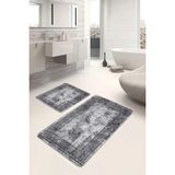 Rem Home Remhome Gri - Siyah Zeminde Çerçeveli Motifli Antik Desenli Eskitme Motifli Vintage 2'li Banyo Paspas Takımı Takım Banyo Paspası - 2'li Set