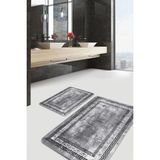 Rem Home Remhome Gri Siyah Zeminde Çerçeveli Motifli Antik Geometrik Eskitme Motifli 2'li Banyo Mutfak Paspas Takımı Takım Banyo Paspası - 2'li Set
