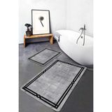 Rem Home Remhome Gri - Siyah Zeminde Çerçeveli Motifli Dokuma Geometrik Sade & Şık 2'li Banyo & Mutfak Paspas Takımı Takım Banyo Paspası - 2'li Set