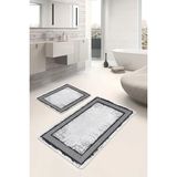 Rem Home Remhome Gri - Siyah Zeminde Çerçeveli Motifli Eskitme Geometrik Sade & Şık 2'li Banyo & Mutfak Paspas Takımı Takım Banyo Paspası - 2'li Set