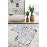 Rem Home Remhome Gri - Siyah Zeminde Çerçeveli Motifli Mermer Desenli Klasik Eskitme Motifli 2'li Banyo Paspas Takımı Takım Banyo Paspası - 2'li Set
