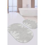 Rem Home Remhome Gri Zemin Beyaz Tropik Yaprak Motifli 2'li Oval Kaymaz Tabanlı Banyo & Mutfak Paspas Takımı Takım Banyo Paspası - Renkli - 2'li Set