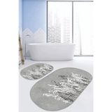 Rem Home Remhome Gri Zemin Bitki Tasarımlı 2'li Oval Kaymaz Tabanlı Banyo & Mutfak Paspas Takımı Takım Banyo Paspası - Renkli - 2'li Set