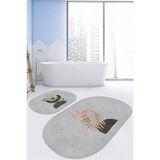 Rem Home Remhome Gri Zemin Bohem Tropik Yaprak Motifli 2'li Oval Kaymaz Tabanlı Banyo & Mutfak Paspas Takımı Takım Banyo Paspası - Renkli - 2'li Set